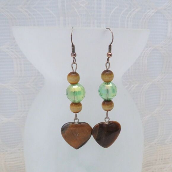 Tiger Eye Heart Dangle Earrings w/ Green Crystal Bead, Business and Boho Jewelry - Picture 2 of 7